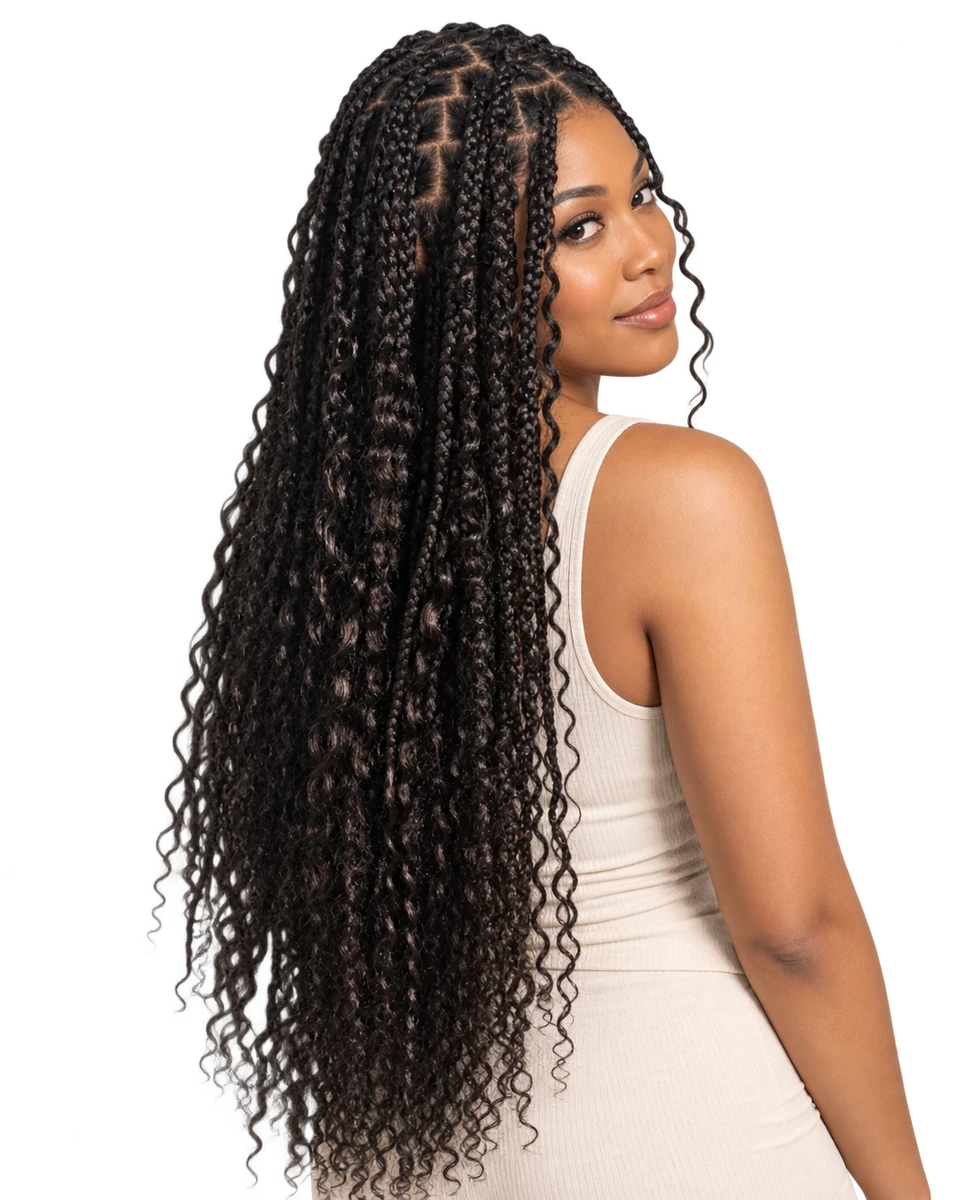 AI-generated model illustrating long BoHo braids, inspired by the supplied hairstyle photograph