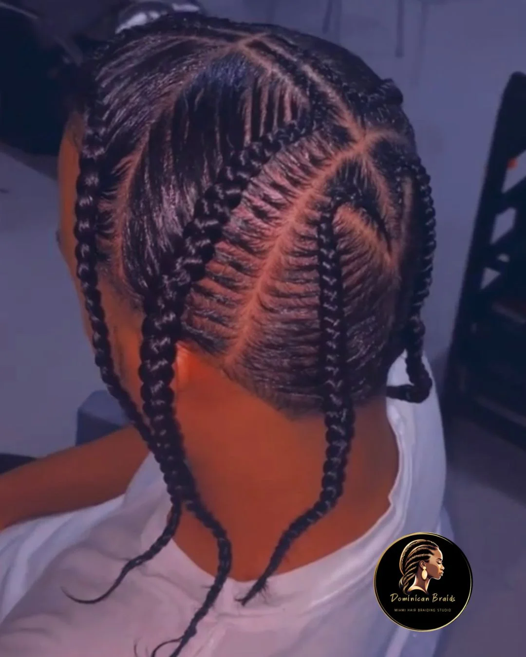 Six-braid design with patterned parting, viewed from behind